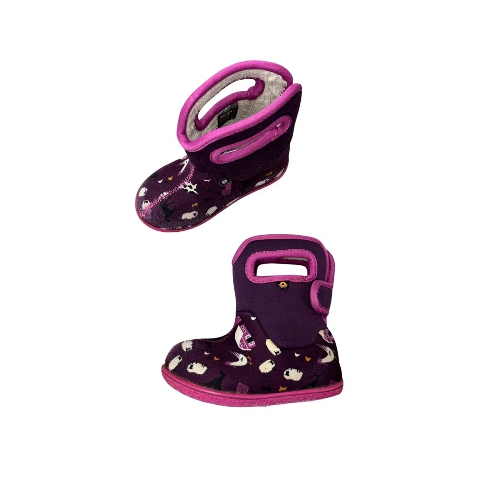 Bogs Baby Boots Purple Pink Farm Animal Print Waterproof‎ Insulated Kids Size 7
